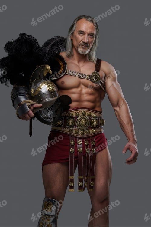 Preview: Mature muscular gladiator with grey beard lightweight armor