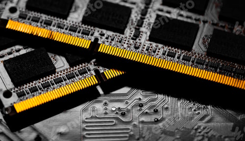 Preview: Macro Close up of computer RAM chip and motherboard