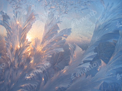 Preview: Ice pattern and sunlight close up on window glass early in the morning