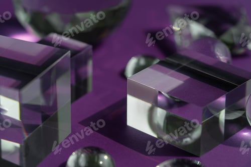 Preview: Crystal prism refracting light, magic crystals and pyramid, sphere and cube on purple background