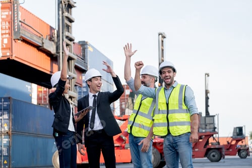 Preview: Cargo container workers or group of employee express happy emotion