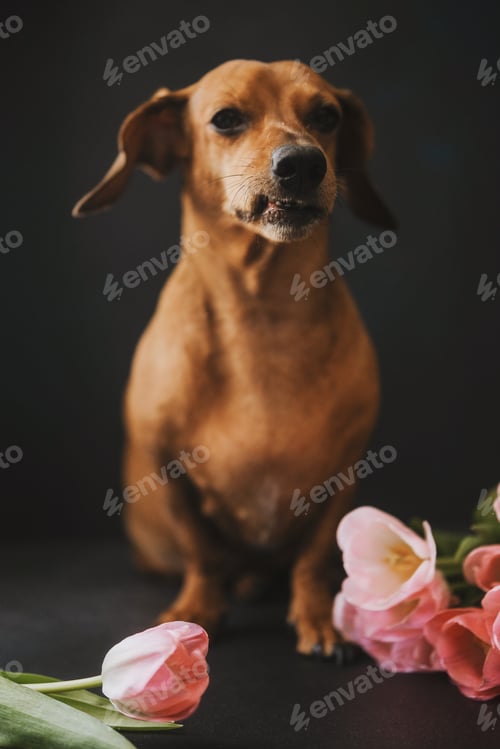 Preview: Brown dachshund dog sitting upright on a dark studio background with fresh pink tulip flowers