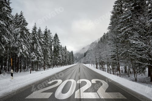 Preview: Number 2022 on empty open road through forest in winter.