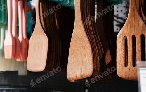 Preview: Various kitchen utensils made of wood in the stand. Copy the place for the close-up text.
