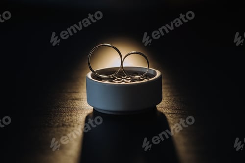 Preview: two gold wedding rings in a white box on a black background