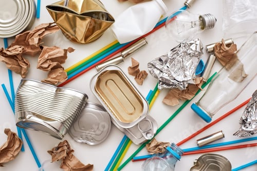 Preview: Garbage circle. Different types of unsorted garbage around the floor