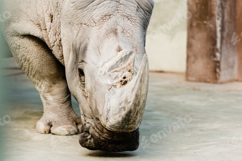 Preview: selective focus of rhino with big horn in zoo