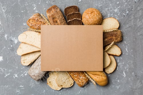 Preview: Minimalist paper blank mockup on background of Types of homemade bread.