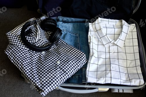 Preview: Suitcase Packed with Clothes and Headphones for Travel