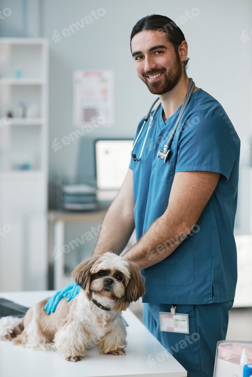 Preview: Young male veterinary doctor standing by medical table with yorkshire terrier