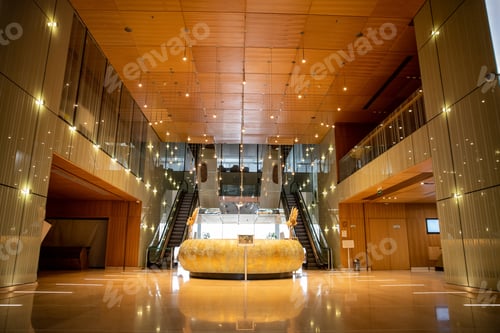 Preview: modern hotel interior with round reception desk and sophisticated lobby design, escalators, moving