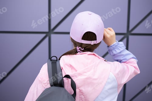 Preview: Back view a woman with a backpack, a cap in sportswear against the background of the wall