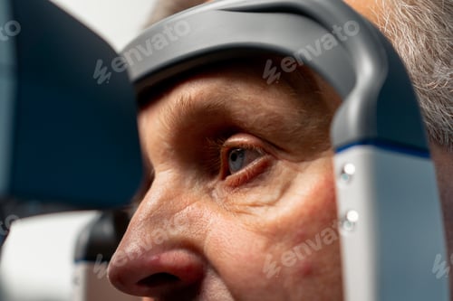 Preview: close-up in ophthalmology clinic elderly patient is diagnosed with a vision test using machine