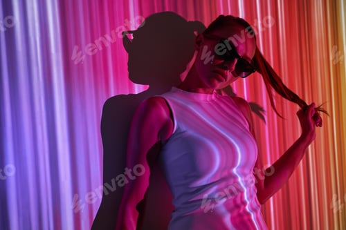 Preview: Attractive young woman in eyeglasses adjusting hair while leaning at the wall with colorful lighting