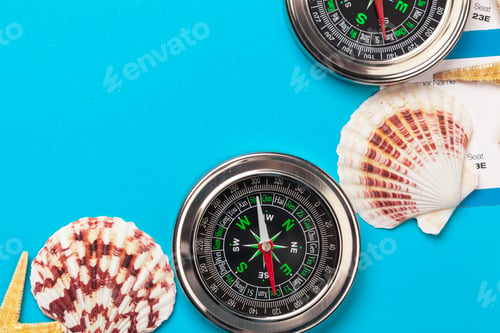 Preview: Time to Travel. Idea for tourism with tickets and compass. creative photo