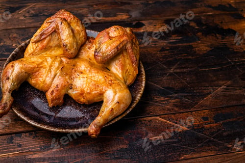 Preview: Baked chicken Tabaka Tobacco with spices, poultry meat on plate. wooden background. top view