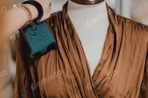 Preview: Selective focus shot of a tailor fixing a brown dress on mannequin in atelier