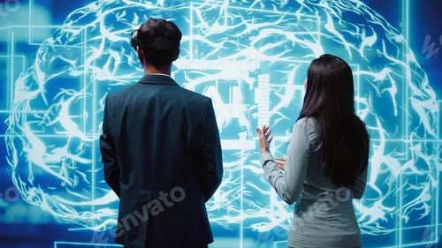 Preview: Engineering team wearing VR headset looking at hologram of AI