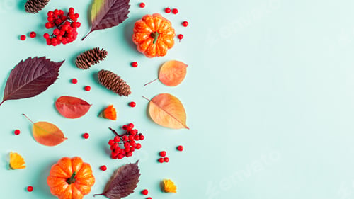Preview: Colorful autumn background, autumn border on blue