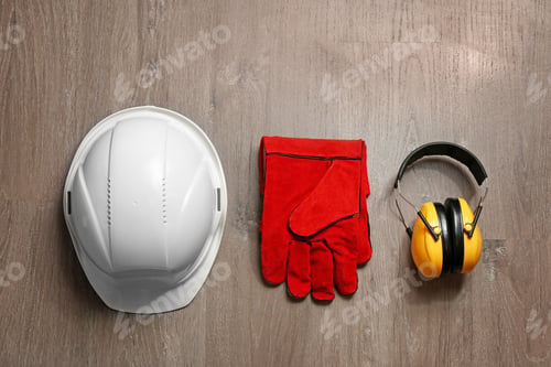 Preview: Flat lay composition with safety equipment on wooden background