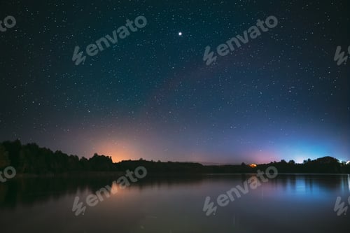 Preview: Village Novoye Lyadno, Lyepyel District, Vitebsk Province, Belarus. Real Colorful Night Stars Above