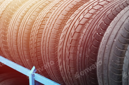 Preview: Rack with variety of car tires in automobile store. Many black tires. Tire stack background