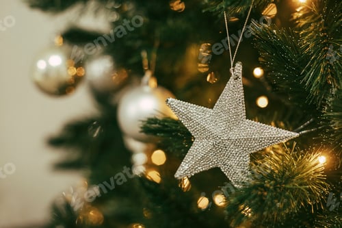 Preview: Decorated Christmas tree with silver ornaments. Merry Christmas and happy new year concept