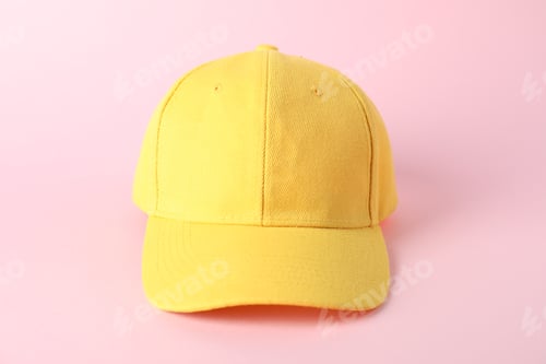 Preview: One yellow baseball cap on pink background, closeup. Mockup for design