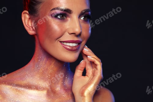 Preview: Sexy young woman with glitter makeup on black background. Space for text
