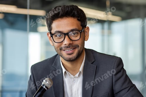Preview: Webcam view, young successful smiling businessman investor recording training video course, male