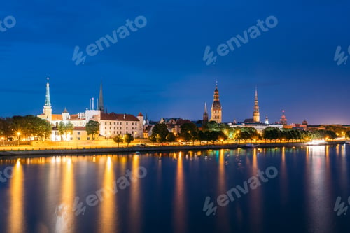 Preview: Evening In Riga, Latvia. Night View With Blue Sky. Copyspace. No