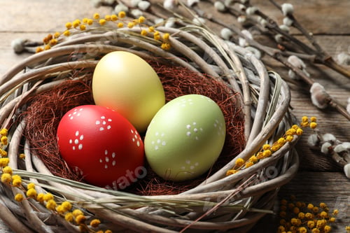 Preview: Colorful painted Easter eggs in wicker nest on table, closeup