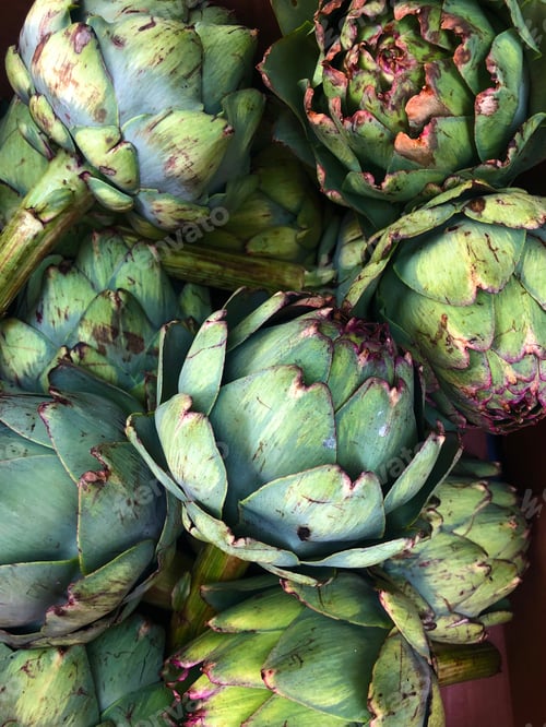 Preview: Fresh artichokes full frame, preparing vegetables, healthy food