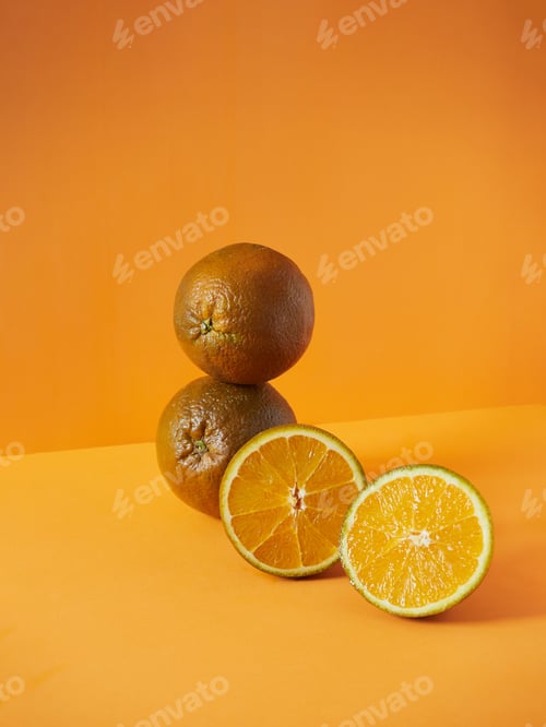 Preview: Chocolate Navel orange fruits, two whole stacked and one halved with juicy interior pulp