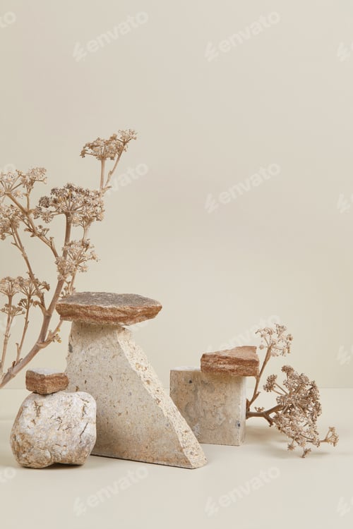 Preview: Nature scene with composition of stones and dry flowers
