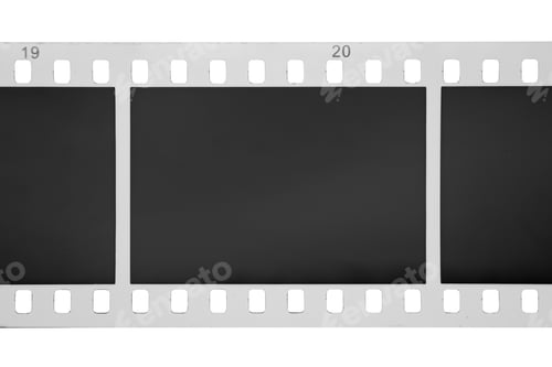 Preview: 35mm black and white negative film with exposed frames and marks isolated on white.