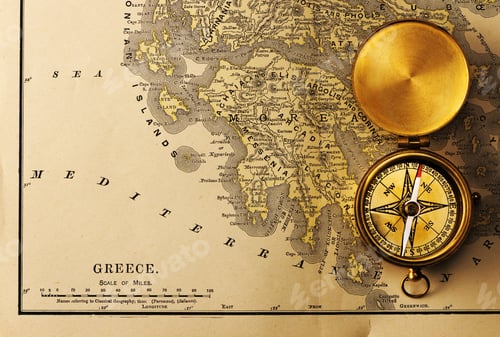 Preview: Antique compass over old XIX century map