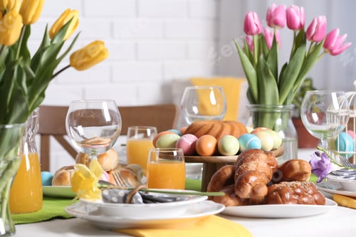 Preview: Festive Easter table setting with traditional meal at home