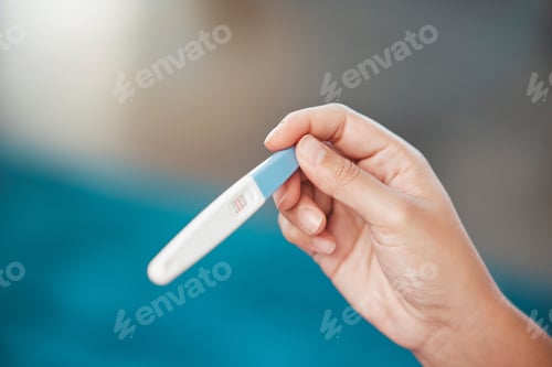 Preview: Hands, pregnancy test and news with positive results for pregnant, lines or information at home on