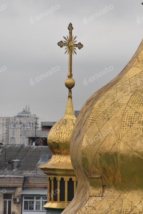 Preview: Large golden dome with a cross atop St. Sophia's Cathedral. Kyiv, Ukraine.