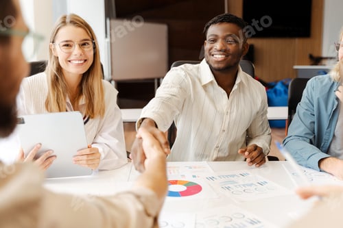 Preview: Young business team shaking hands during meeting, contract concept