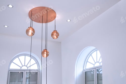Preview: Modern ceiling round rose gold glass chandelier with arch wooden windows inside of white living room