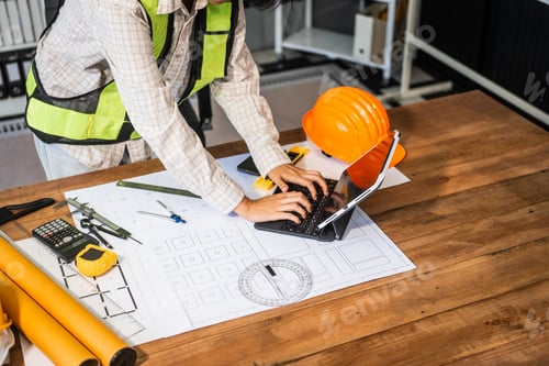 Preview: Female architect engineer drafting blueprints using CAD software, focusing sustainable