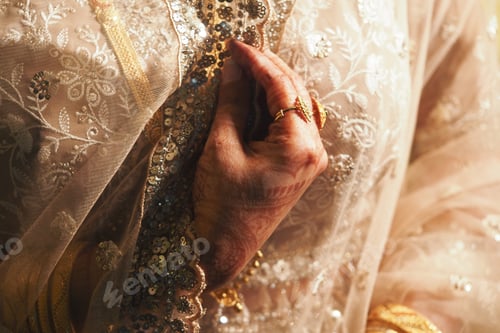 Preview: Elegant hand adorned in traditional attire with jewelry