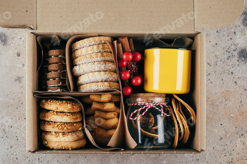 Preview: Christmas cookie gift box. Shortbread cookies. Care package concept. Mother's or Fathers Day Holiday