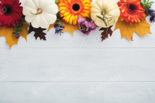 Preview: Halloween festive autumn background. Autumn decor from pumpkins, berries, maple leaves and chestnuts