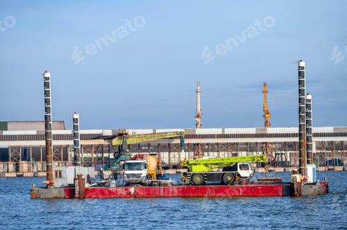 Preview: floating platform with crane for hydrotechnical works and concrete mixer trucks on deck