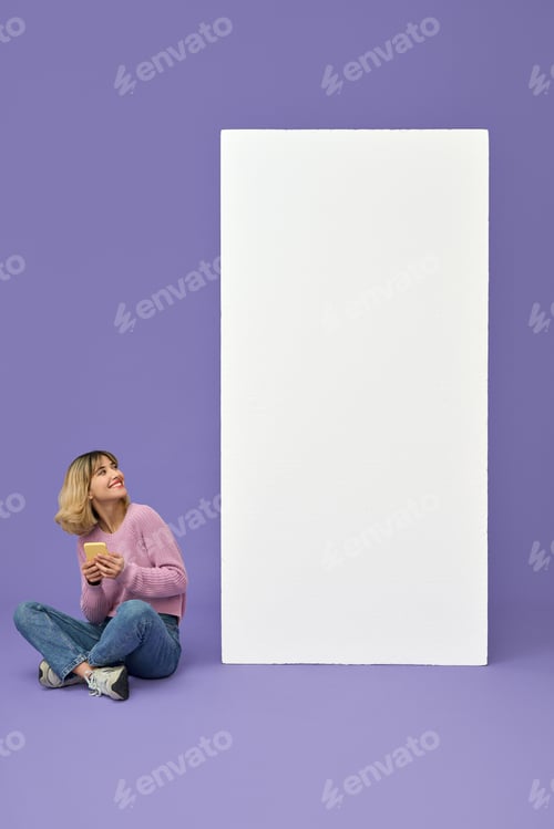 Preview: Happy gen z girl using smartphone looking at big phone mockup screen, isolate.