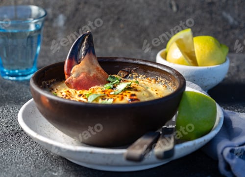 Preview: CHILEAN FOOD. Baked crabmeat crab meat with cheese, cream and bread. Traditional dish of chilean