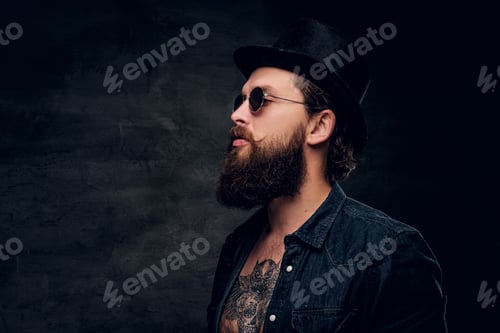 Bearded Man in Top Hat Posing in Studio